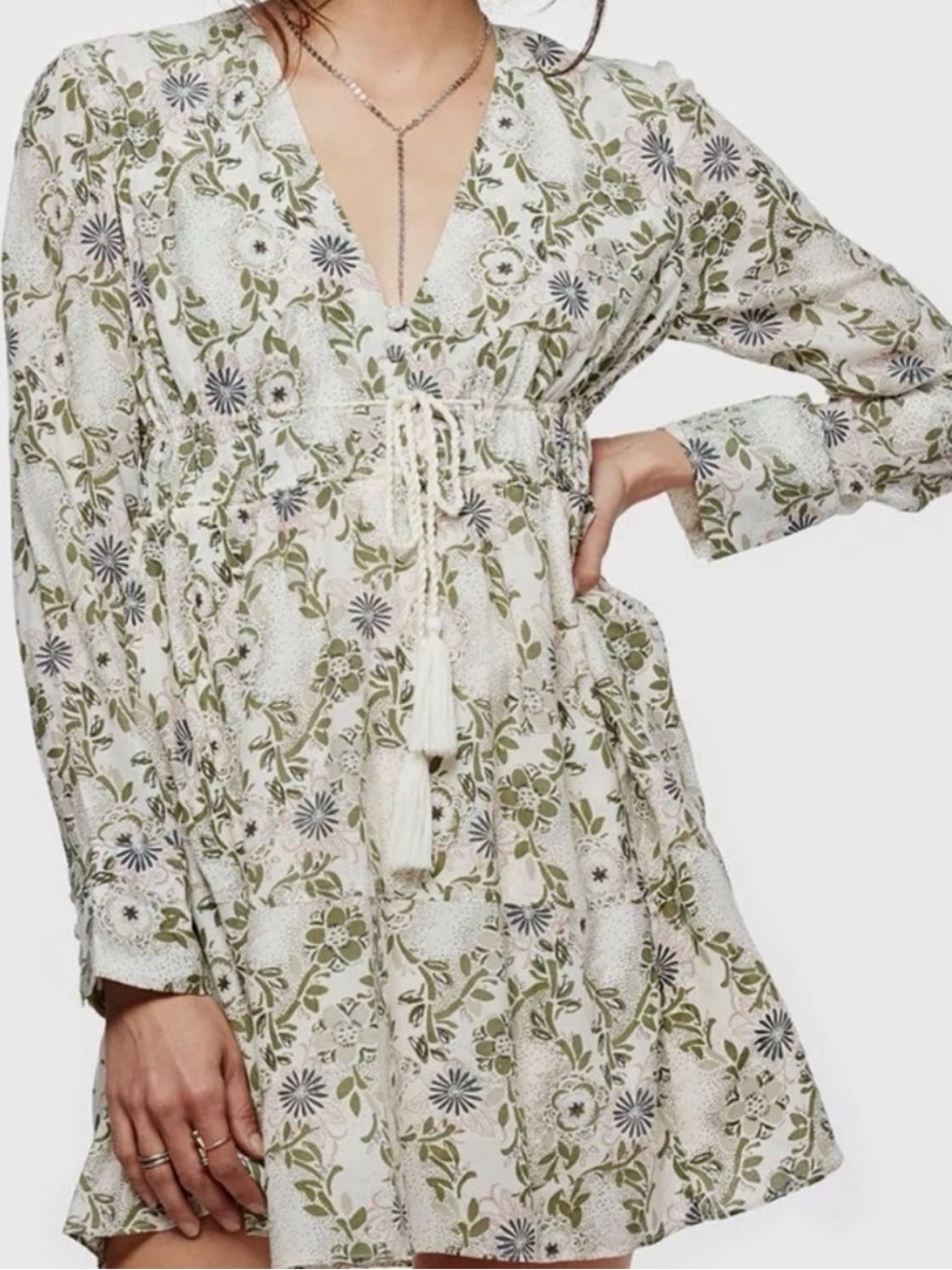 Free People Ivory Stealing Fire Peasant Mini Dress Green Floral